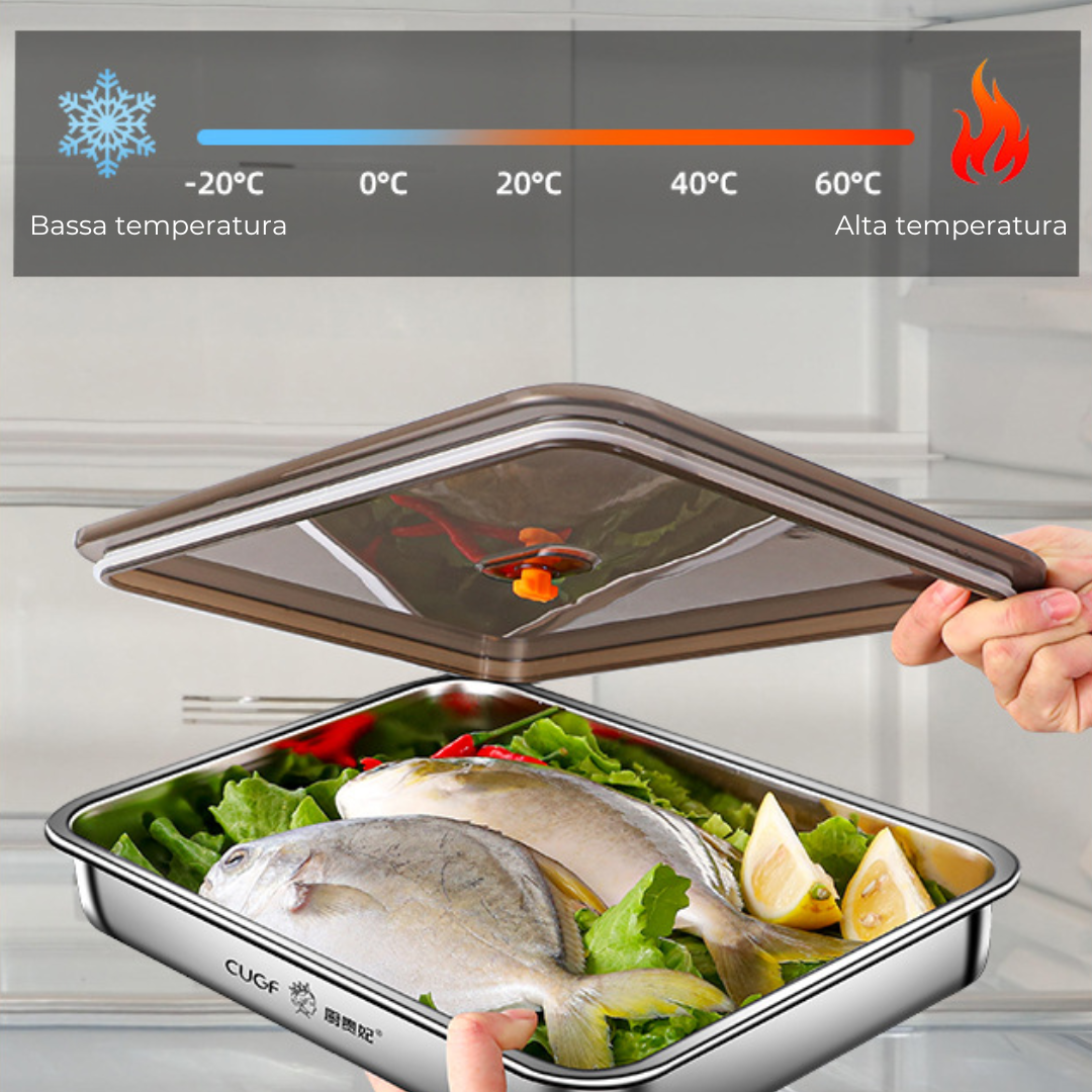 Contenitore per alimenti antibatterico in acciaio inox 304 con coperchio sottovuoto (22,5 x 15 x 6cm)